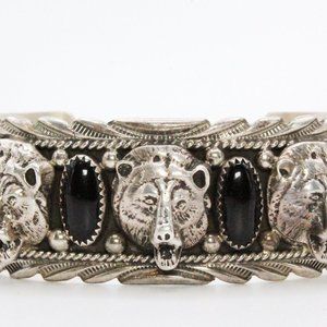 James Shay Navajo Sterling Silver Sculpted Bear Face Onyx Cabochon Cuff Bracelet